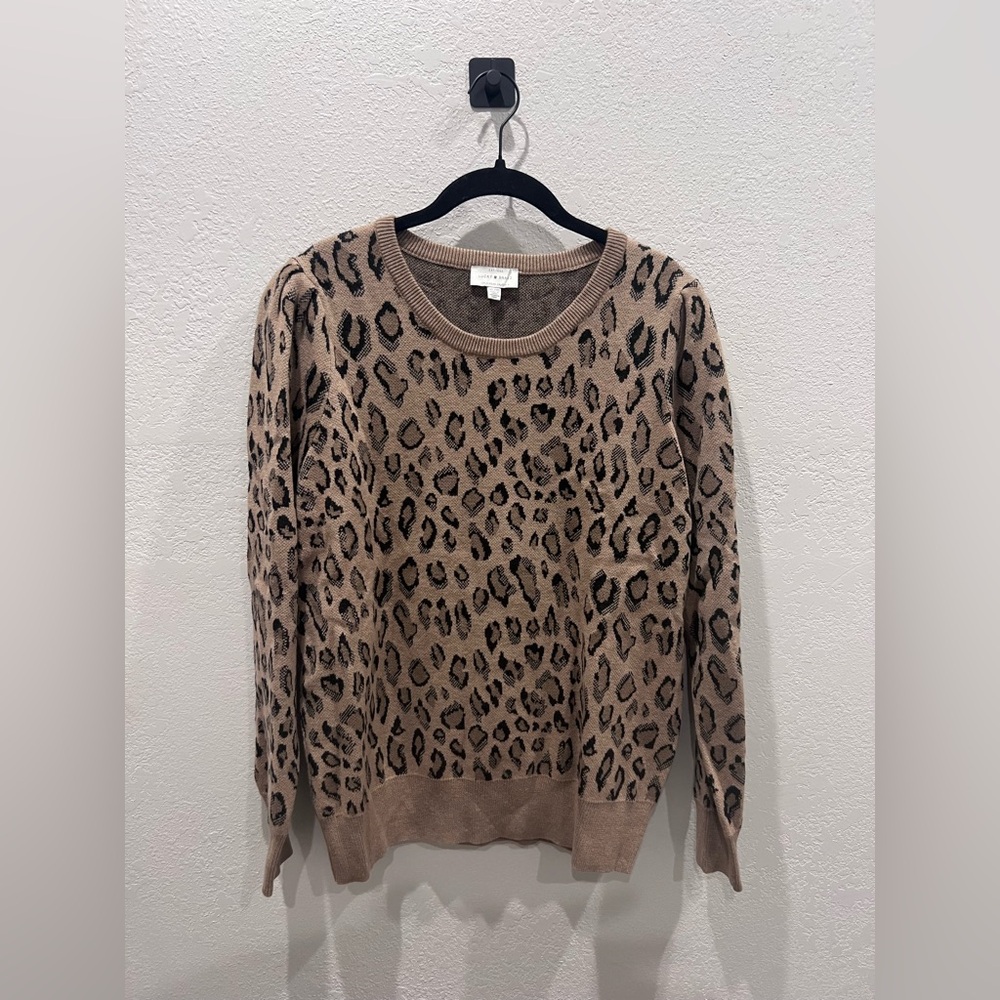 Lucky Brand Tan and Black Leopard Print Crew Neck Sweater